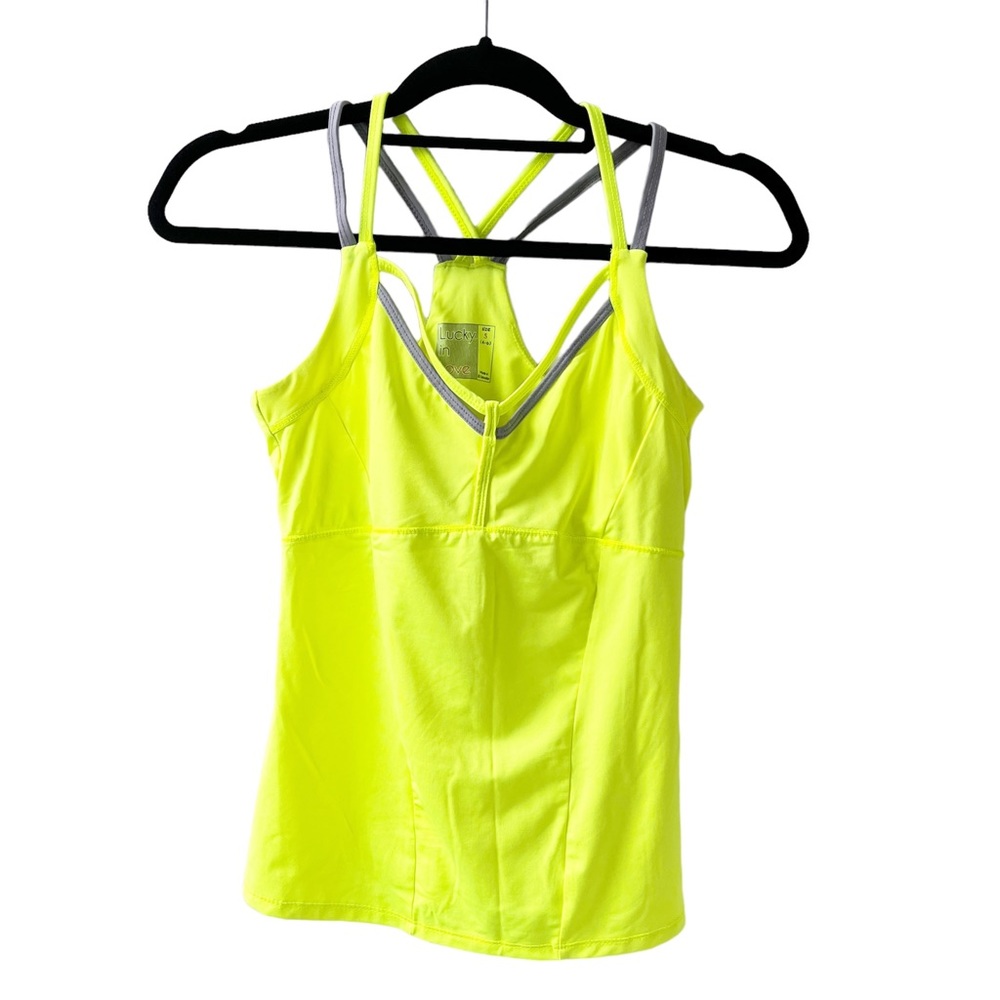 LUCKY IN LOVE Neon Athletic Tank Top Women’s S Strappy Criss Cross Back